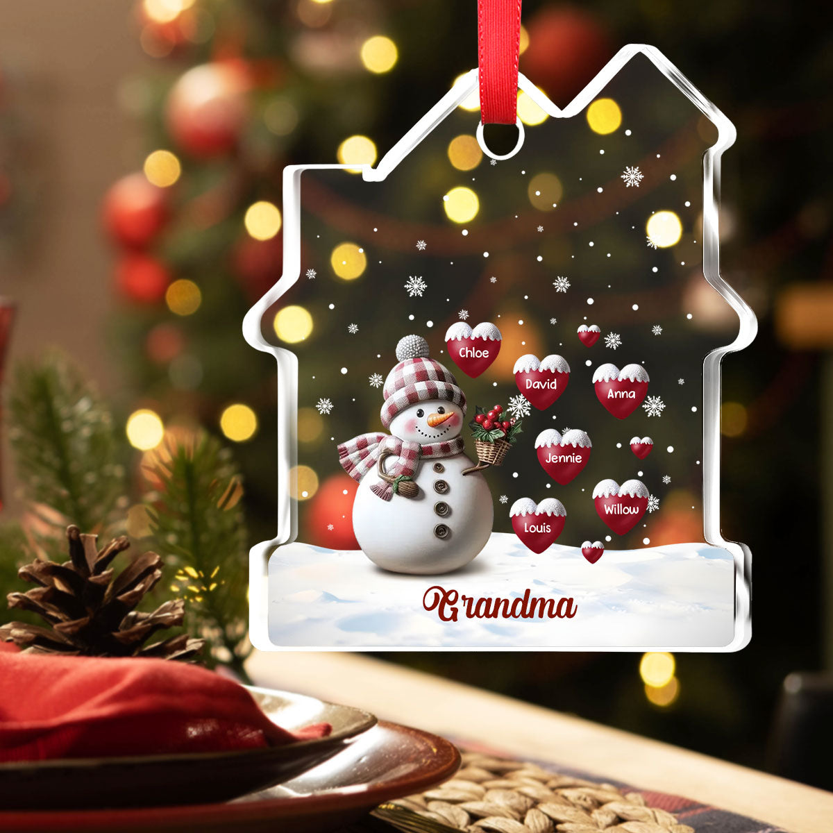 Custom Keepsake Christmas Ornament •  Happy Christmas Snowman Grandma - Personalized House Shaped Glass Ornament