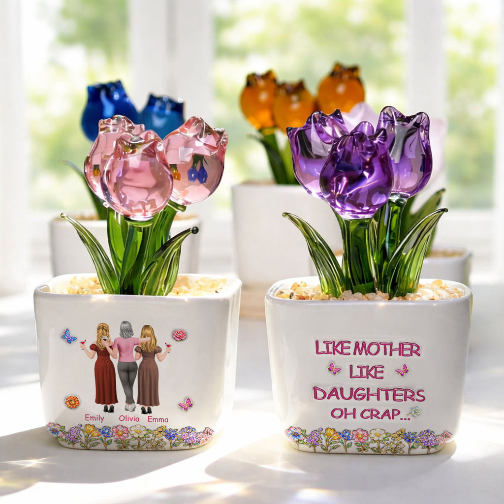 Custom Mother's Day Flower Keepsake, Glass Home Decor Gift for Mom • Like Mother Like Daughter - Personalized Glass Everlasting Tulips