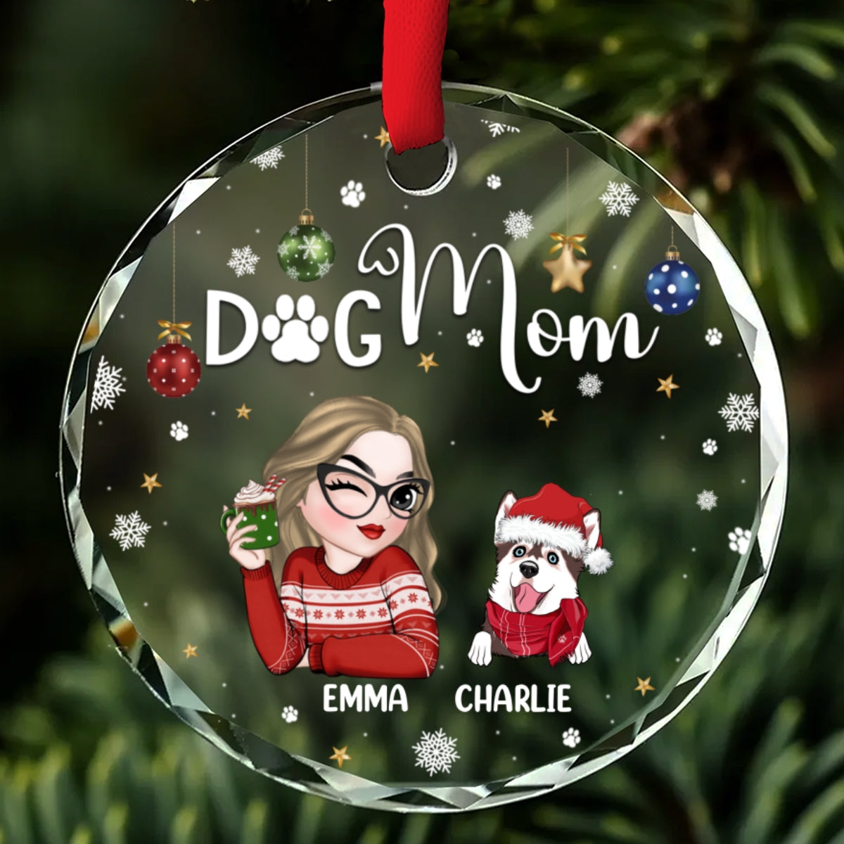 Custom Keepsake Christmas Ornament •  Dog Mom - Personalized Glass Ornament