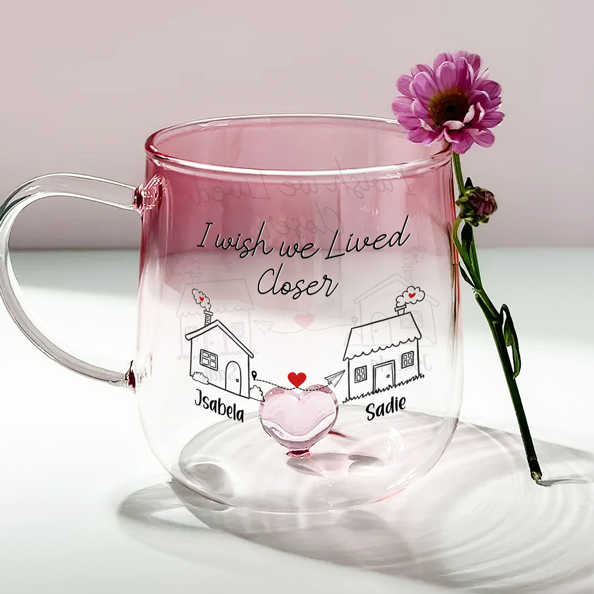 Custom Best Friend, Christmas & Birthday Friendship Keepsake Gift • I Wish You Lived Next Door - Personalized Pink Gradient Glass Mug