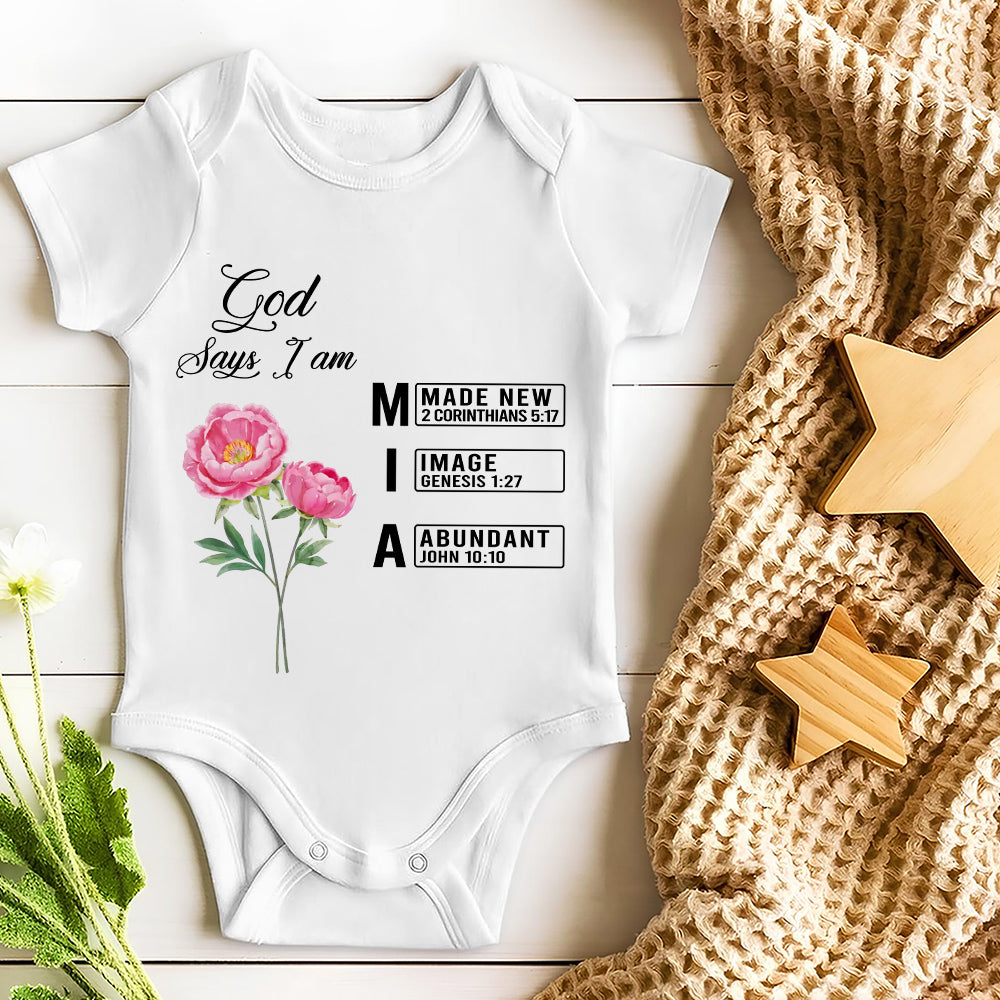 God Says I Am Name Letter In Bible - Personalized Baby Onesie