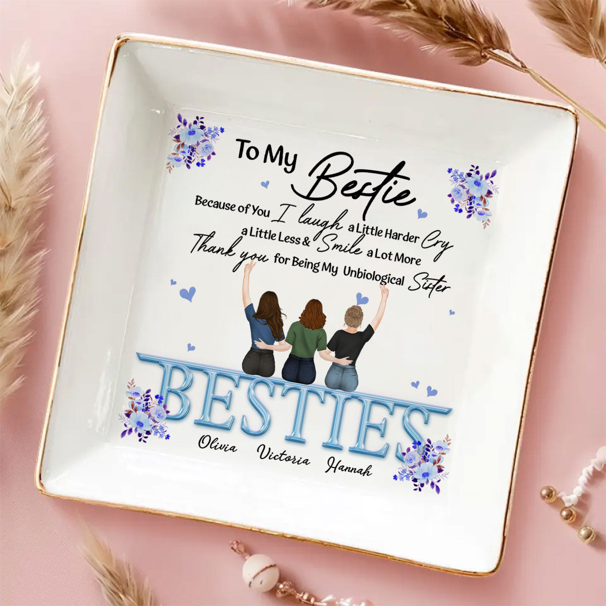 Custom Bestie Trinket Dish, Birthday Christmas Gift For Best Friend • Thank You I Laugh More Cry Less - Personalized Jewelry Dish