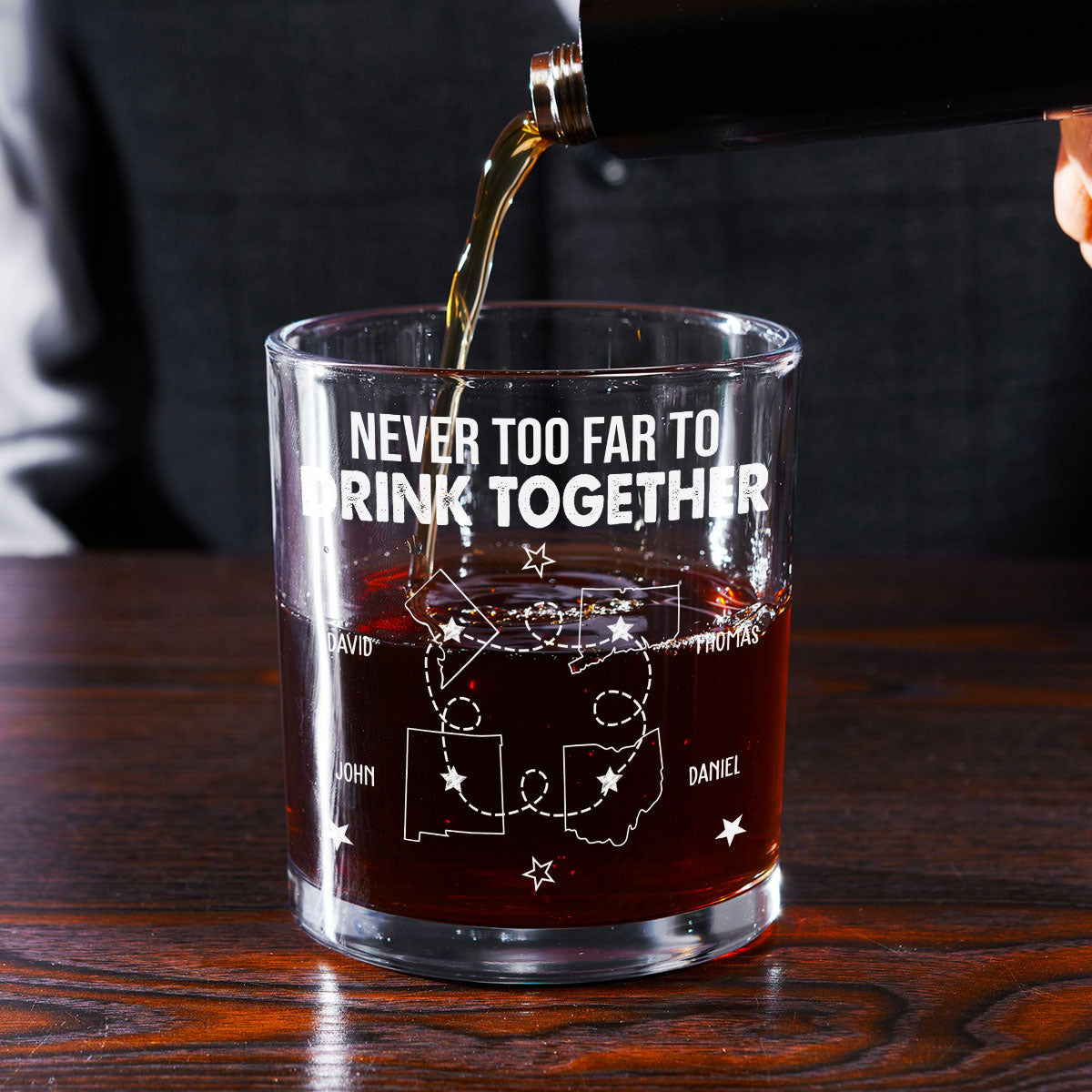 Never Too Far To Drink Together - Personalized Whiskey Glass