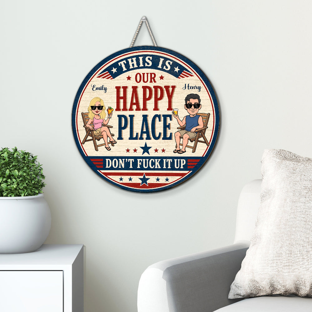 Custom Family Patriotic Hanging Decor, 4th of July • Cheers To Our Happy Place - Personalized Wood Sign