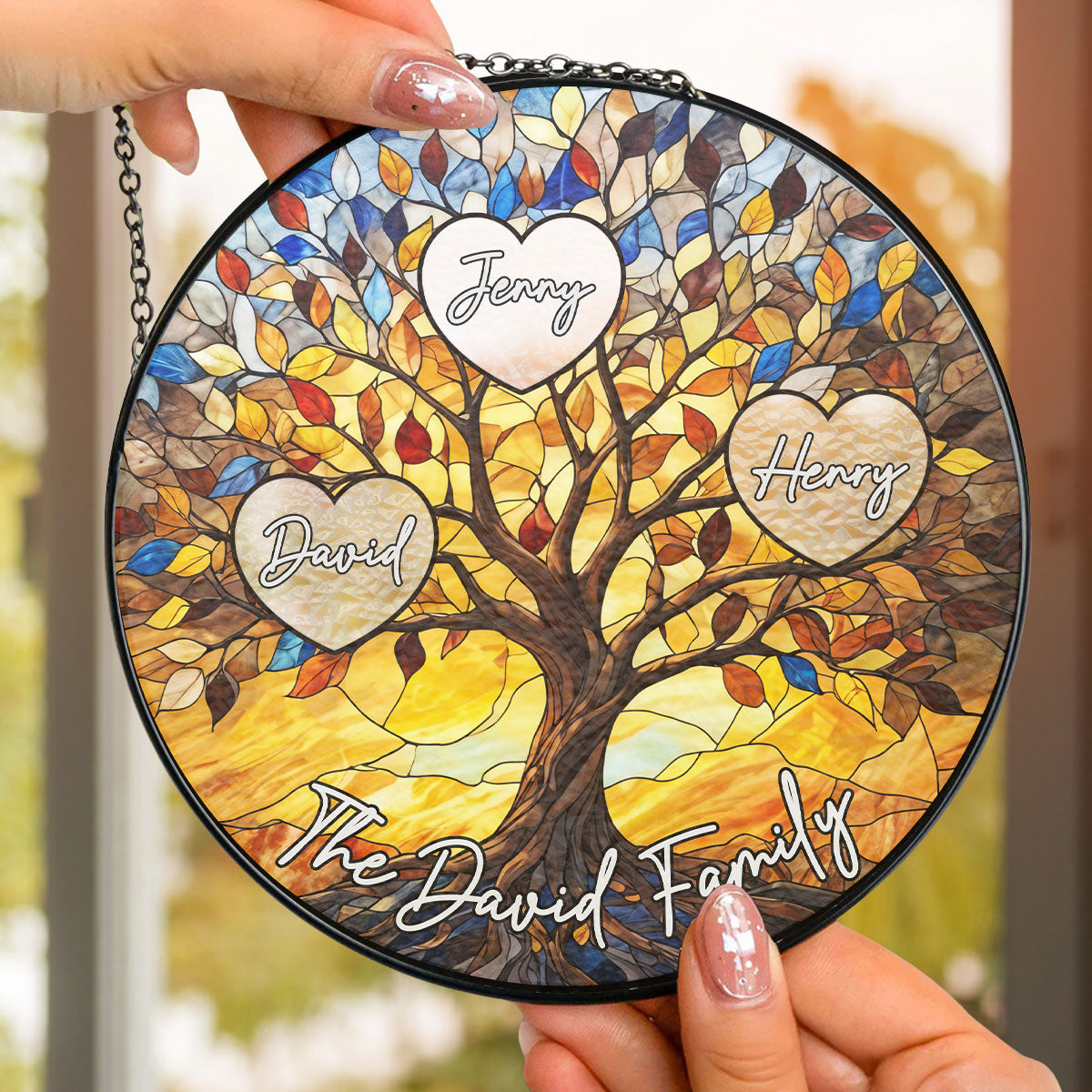 Custom Name Hanging Decor, Birthday Housewarming Gift • Family Tree Love Grows Here - Personalized Window Hanging Suncatcher