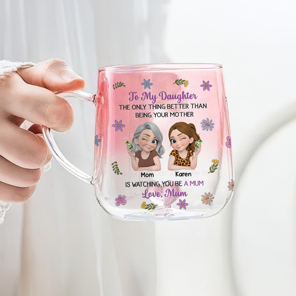 Custom Mother's Day Gift for Daughter • Linked Together Cartoon - Personalized Pink Gradient Glass Mug