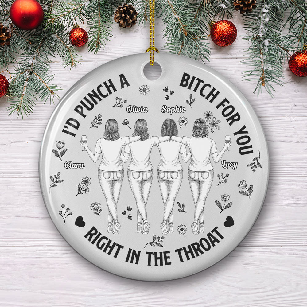Custom Friendship Christmas Ornament, Best Friend Gift •  Punch Bitch Besties Blue Toile - Personalized Ceramic Ornament