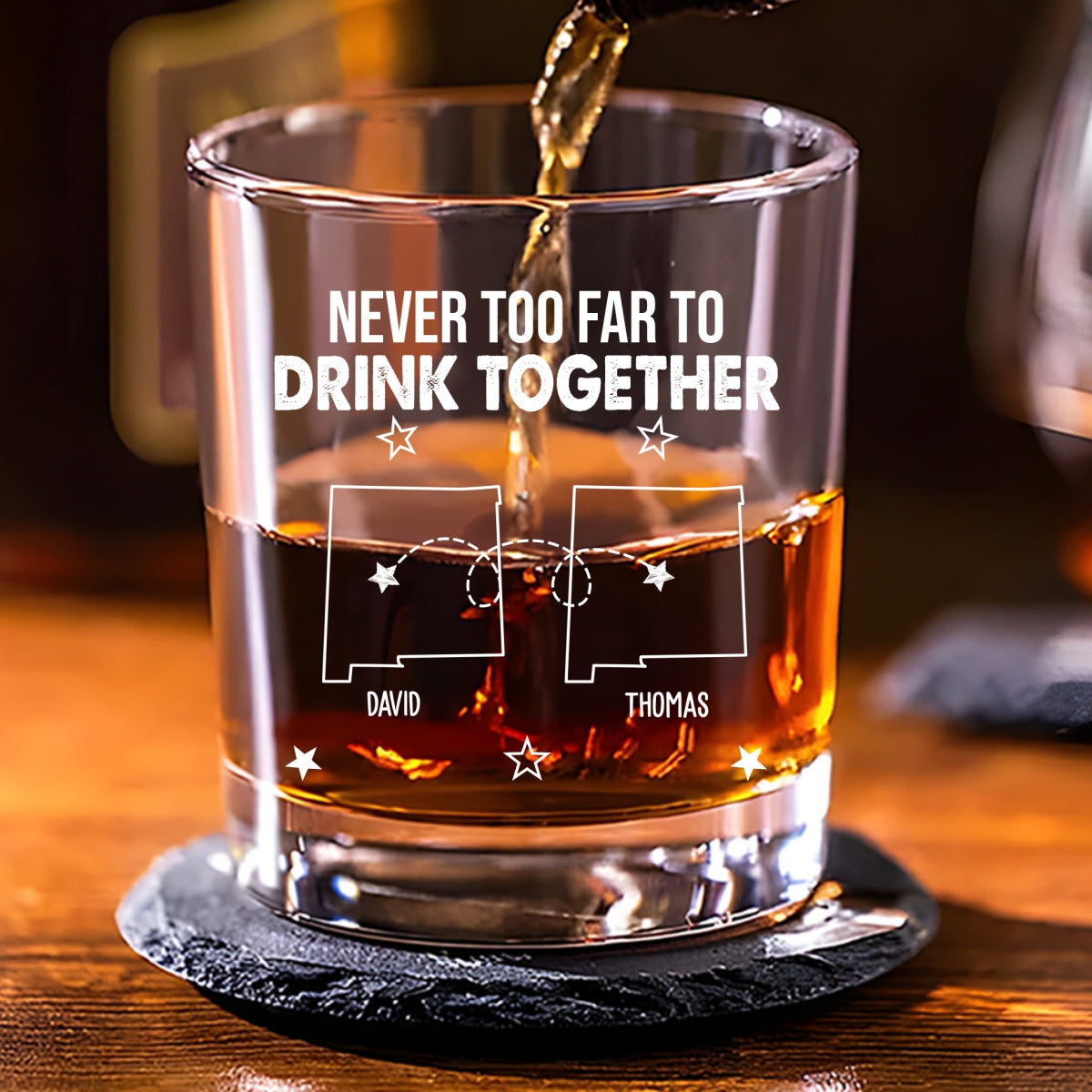 Never Too Far To Drink Together - Personalized Whiskey Glass