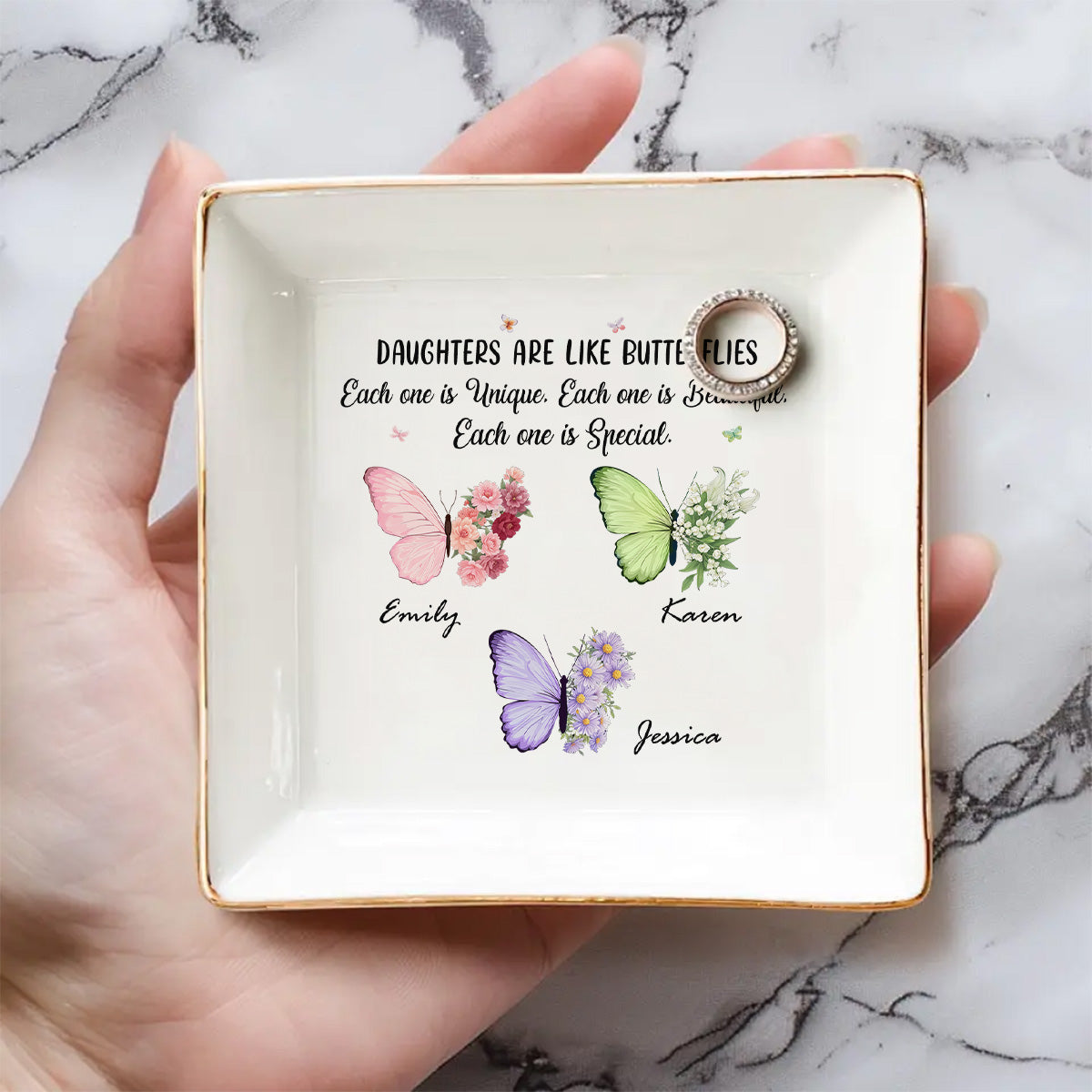 Custom Daughter Trinket Dish, Meaningful Birthday Gift For Her • Butterflies Flutter Daughters Shine - Personalized Jewelry Dish