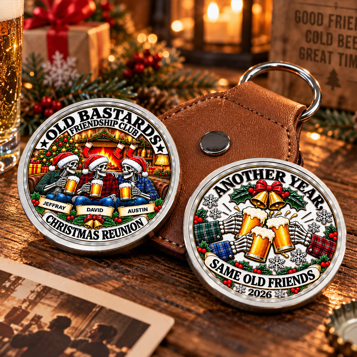 Custom Besties Coin Keychain, Friendship Birthday Gifts • Same Crew Same Christmas Chaos - Personalized 3D Printing Pocket Hug