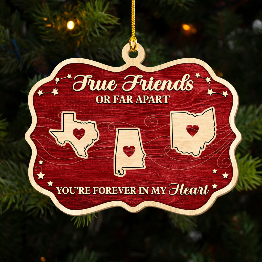 Custom Friendship Christmas Ornament, Best Friend Gift •  Hearts Stay Connected Through Distance - Personalized 3D Effect Wood Ornament