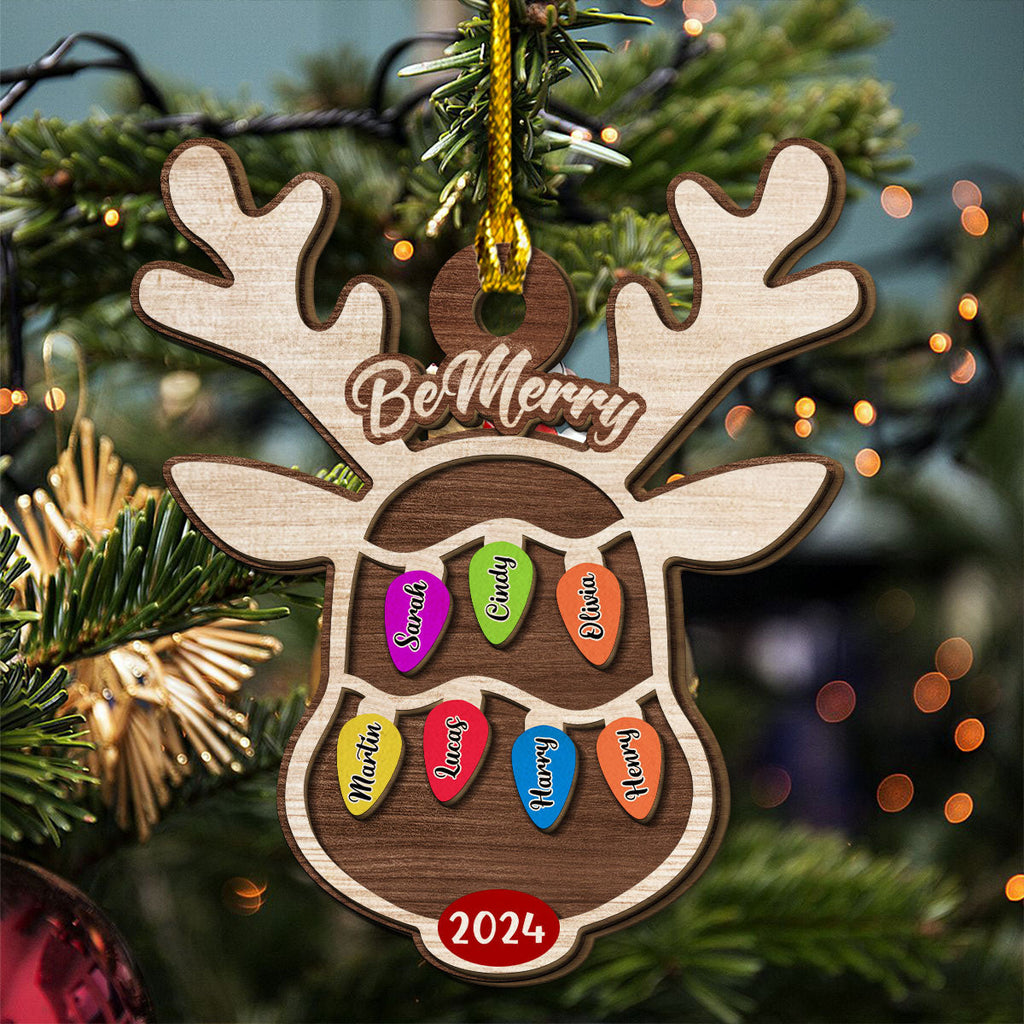 Custom Family Ornament, Christmas Gift for Family Members •  Reindeer Christmas Family Light - Personalized 2-Layered Wood Ornament