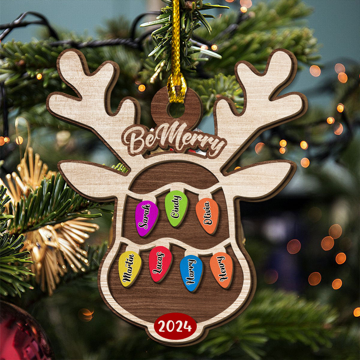 Custom Family Ornament, Christmas Gift for Family Members •  Reindeer Christmas Family Light - Personalized 2-Layered Wood Ornament