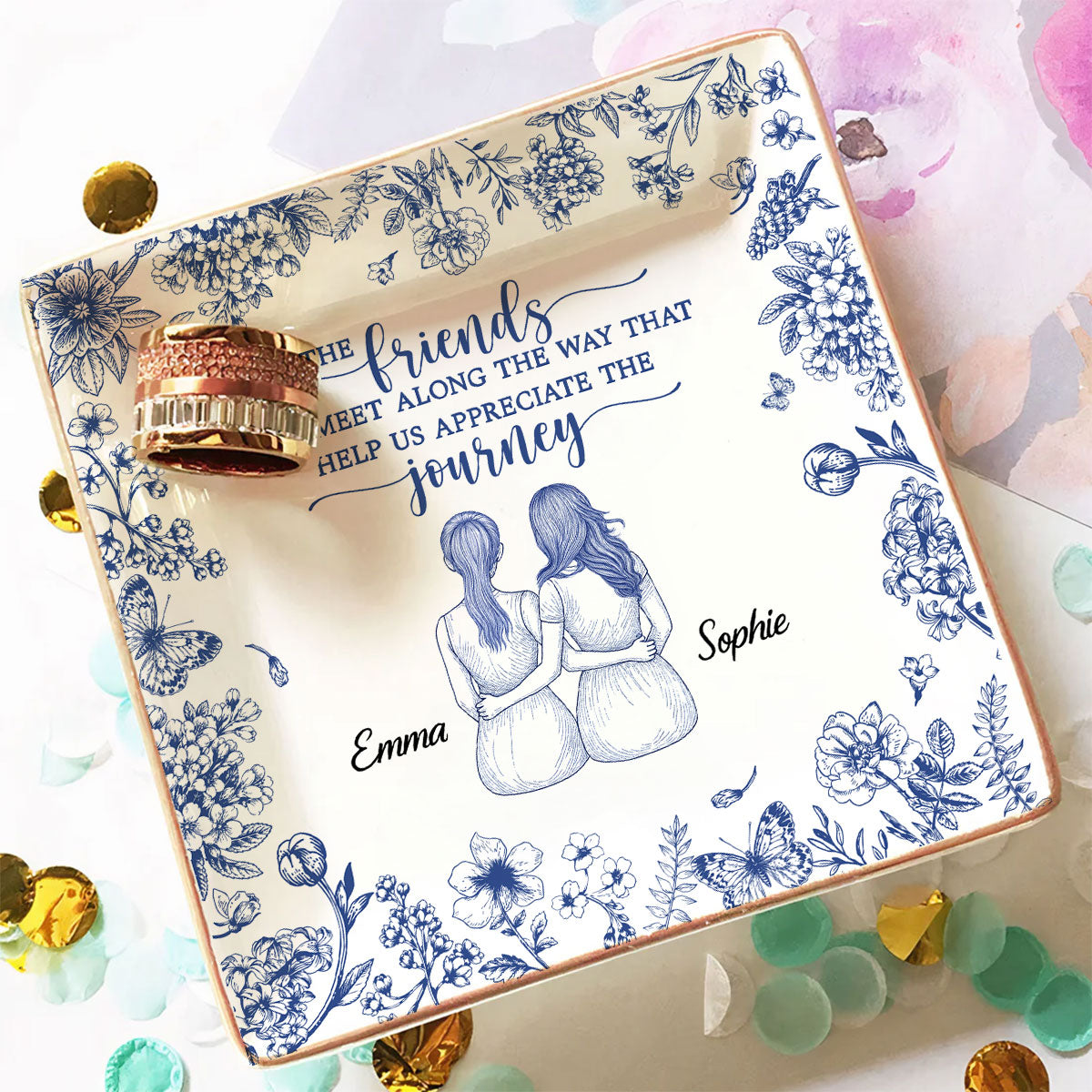Custom Bestie Trinket Dish, Birthday Christmas Gift For Best Friend • The Journey Means More Together - Personalized Jewelry Dish
