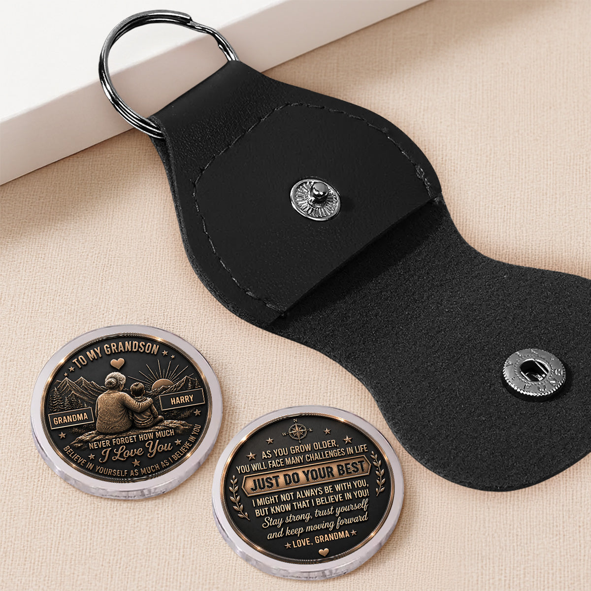 Custom Coin Keychain For Grandson Nephew, Family Keepsake • Forever My Precious Grandson - Personalized Pocket Hug