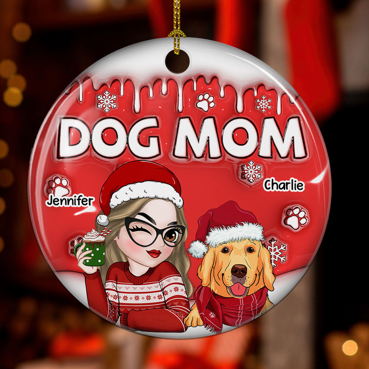 Custom Keepsake Christmas Ornament •  Dog Mom In Christmas - Personalized 3D Inflated Effect Ceramic Ornament