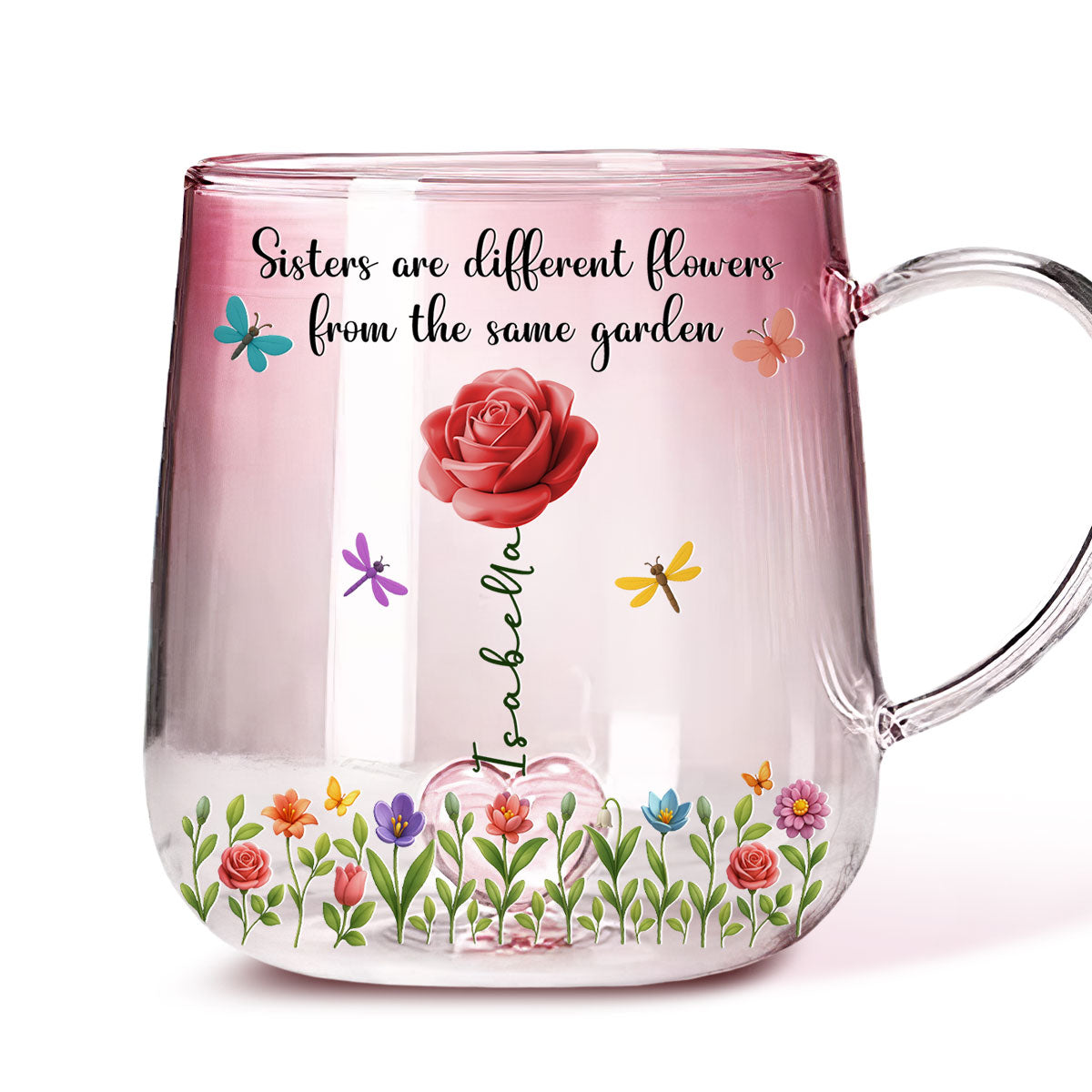 Custom Christmas & Birthday Gift For Sister • Sisters Are Flowers - Personalized Pink Gradient Glass Mug