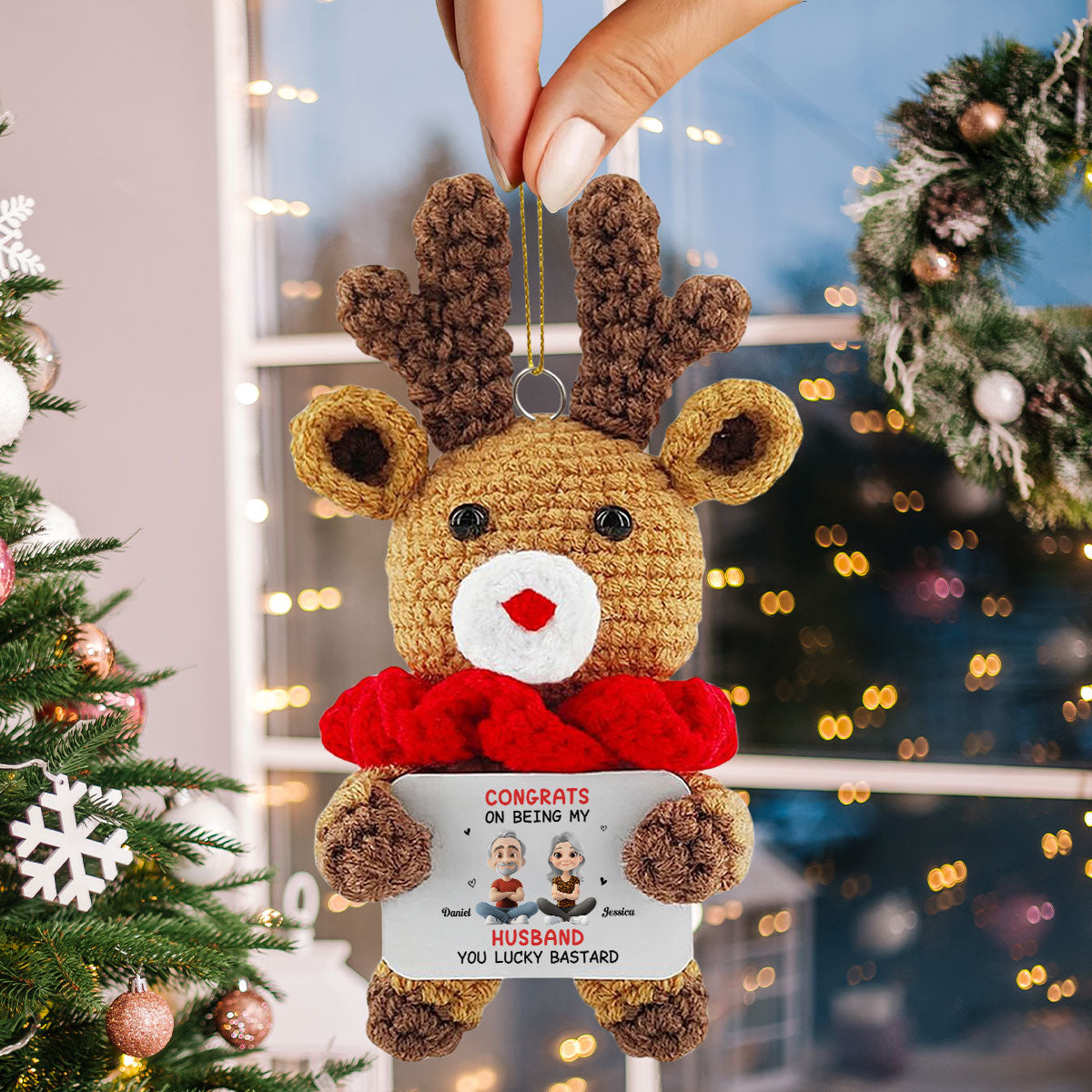 Custom Couple Christmas Ornament, Anniversary Gift •  Congrats My Husband - Personalized Deer Crocheted Ornament