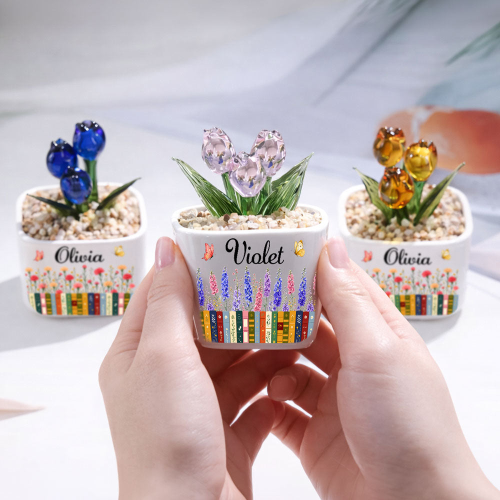 Custom Christmas Birthday Home Decor Gift For Book Lovers, Bookworms • Love Grows Between Pages - Personalized Glass Everlasting Tulips