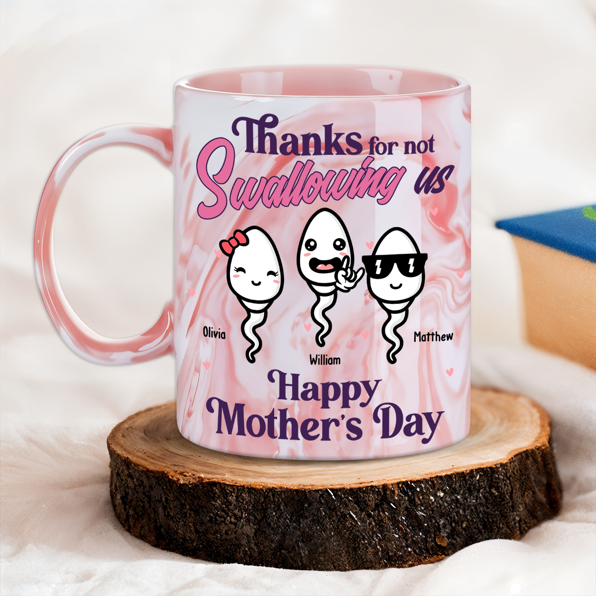 Custom Mother's Day Gift for Mom & Grandma • Thanks For Not Swallowing Us - Personalized Pink Marble Mug