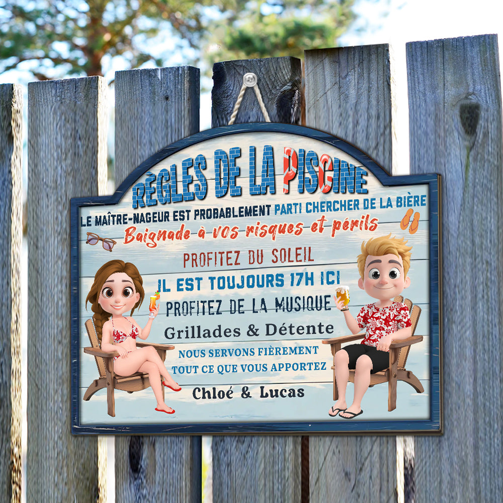 Custom Family Summer Backyard, Patio & Porch Decor • Règles De La Piscine - Panneau En Bois Personnalisé