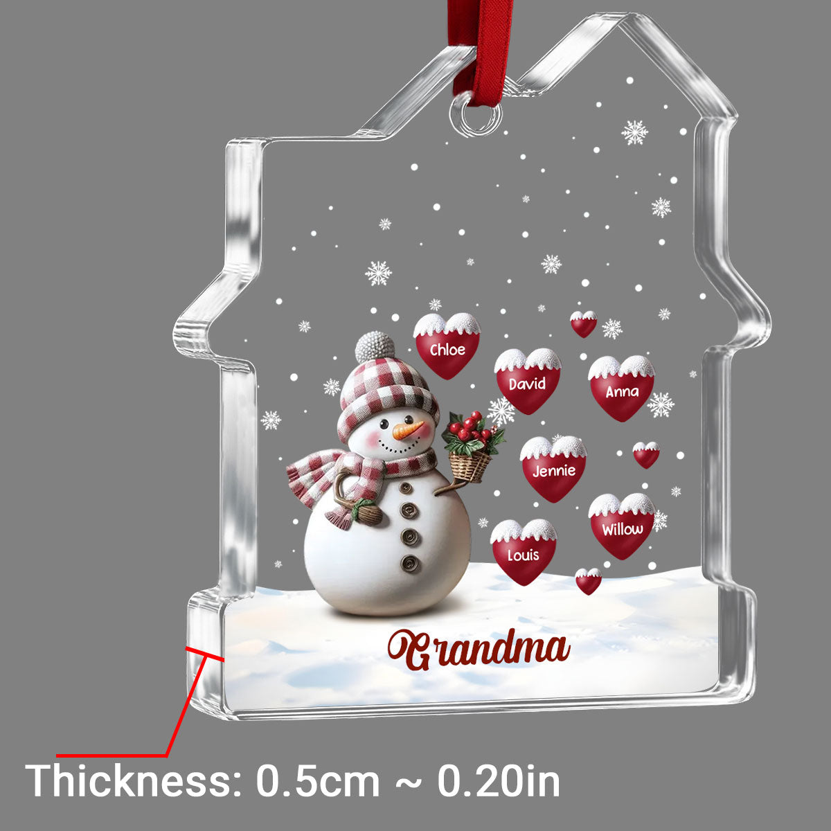 Custom Keepsake Christmas Ornament •  Happy Christmas Snowman Grandma - Personalized House Shaped Glass Ornament