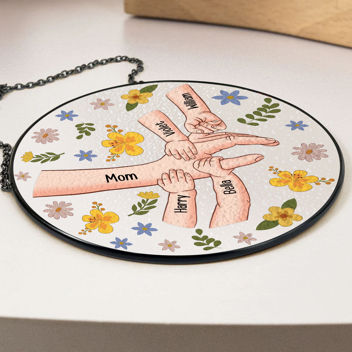 Custom Name Hanging Decor for Mom Daughter, Mother's Day Birthday Gifts • Mom Hold My Hand Also My Heart - Personalized Window Hanging Suncatcher