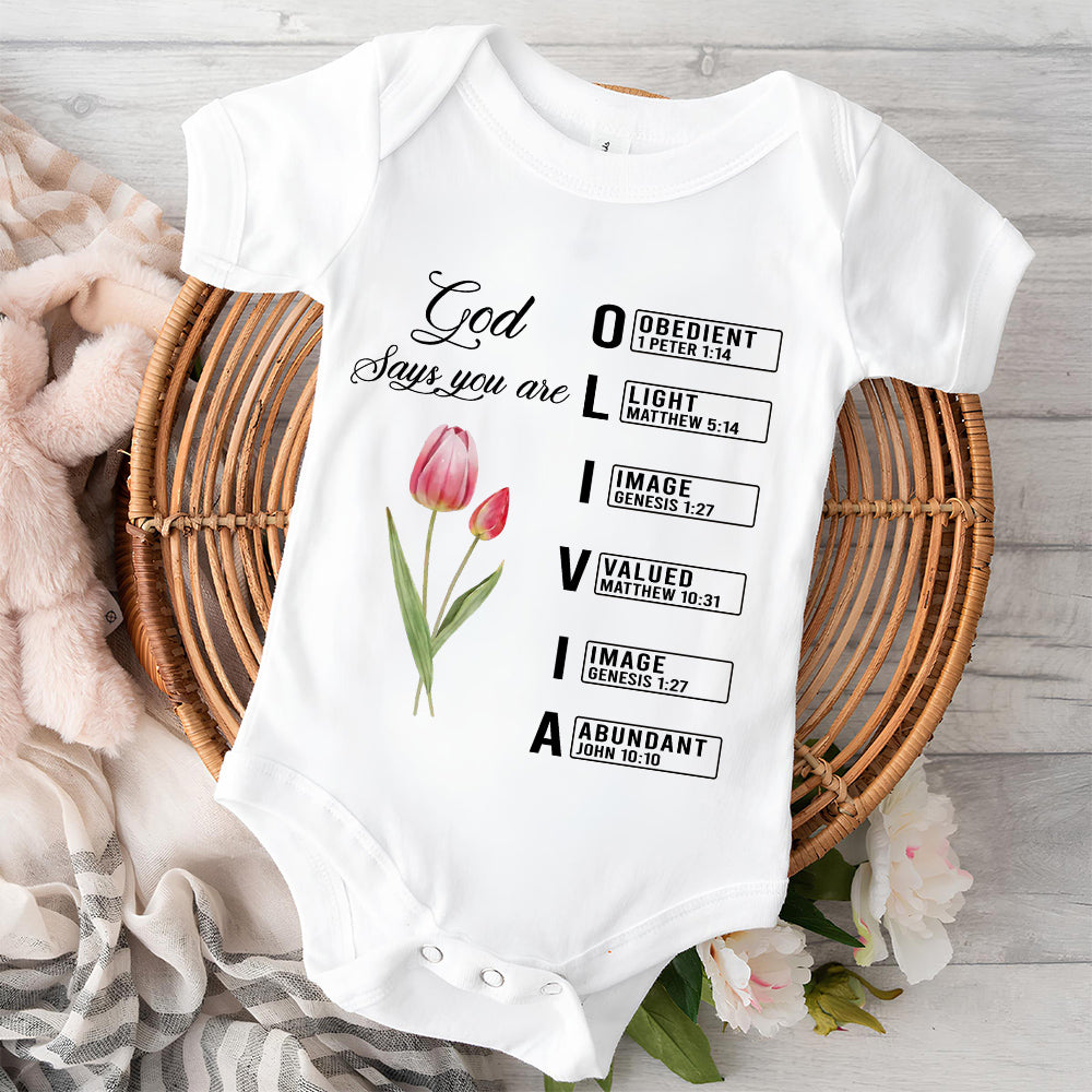 God Says I Am Name Letter In Bible - Personalized Baby Onesie