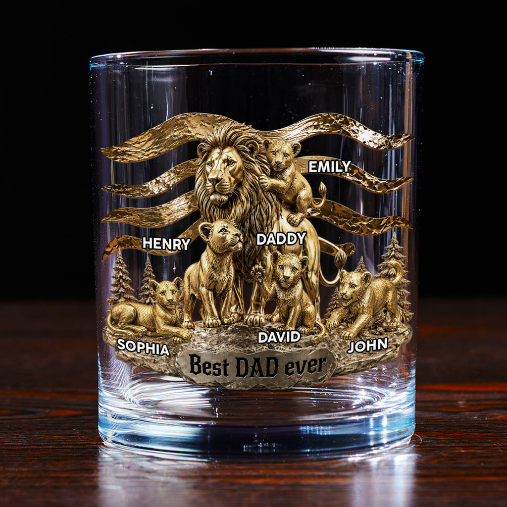 Custom Father's Day Birthday Gifts for Husband • Lion Dad And Kids - Personalized Whiskey Glass