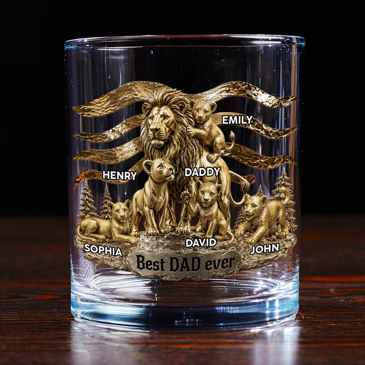 Custom Father's Day Birthday Gifts for Husband • Lion Dad And Kids - Personalized Whiskey Glass