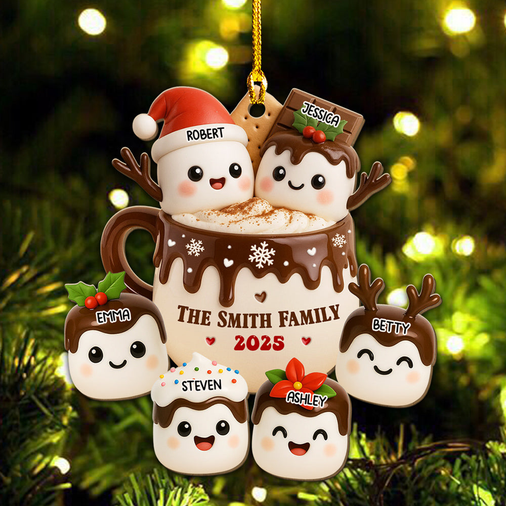 Custom Family Ornament, Christmas Gift for Family Members •  Marshmallow Family Hot Cocoa - Personalized Wood Ornament