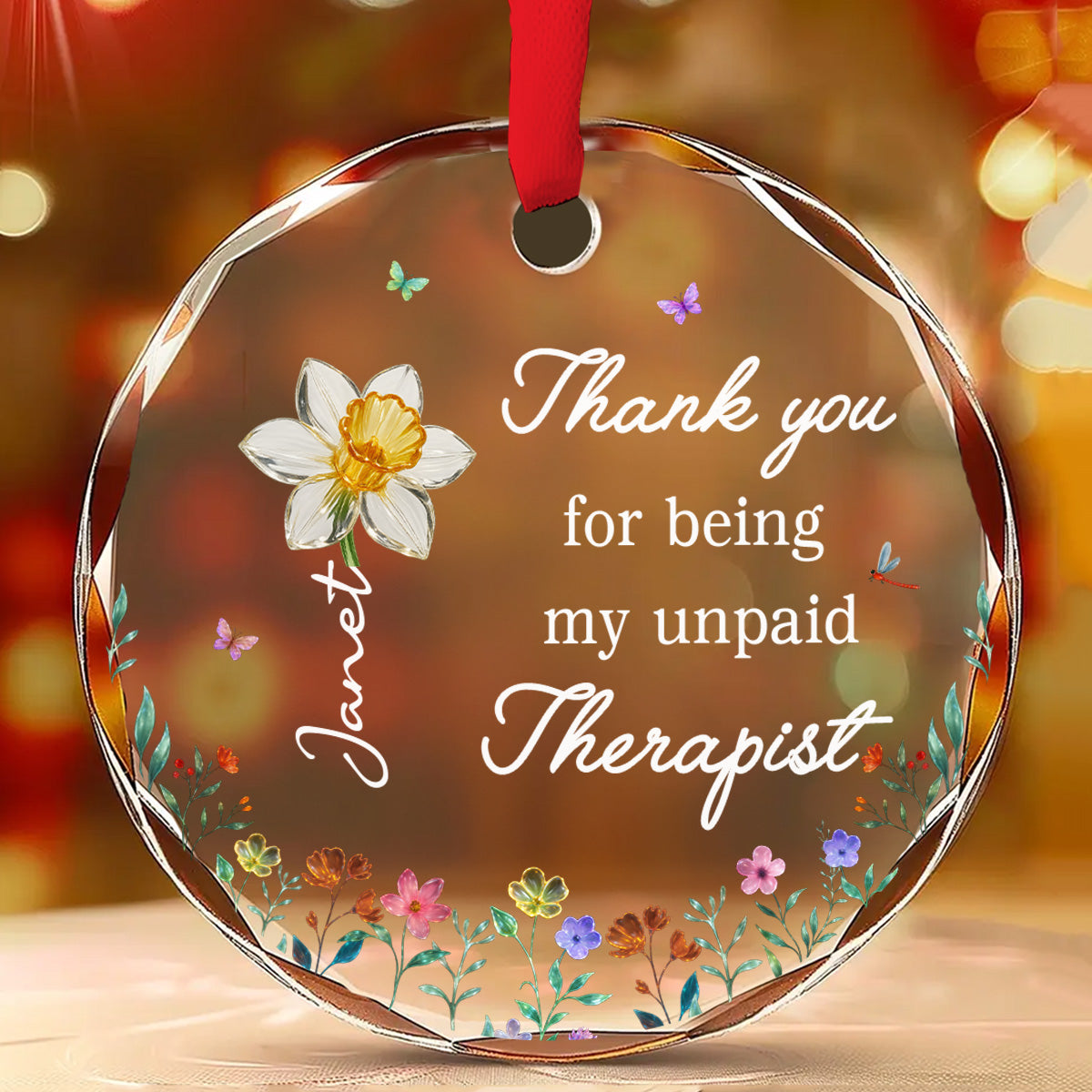 Custom Friendship Christmas Ornament, Best Friend Gift •  Thank You For Being My Unpaid Therapist - Personalized Glass Ornament