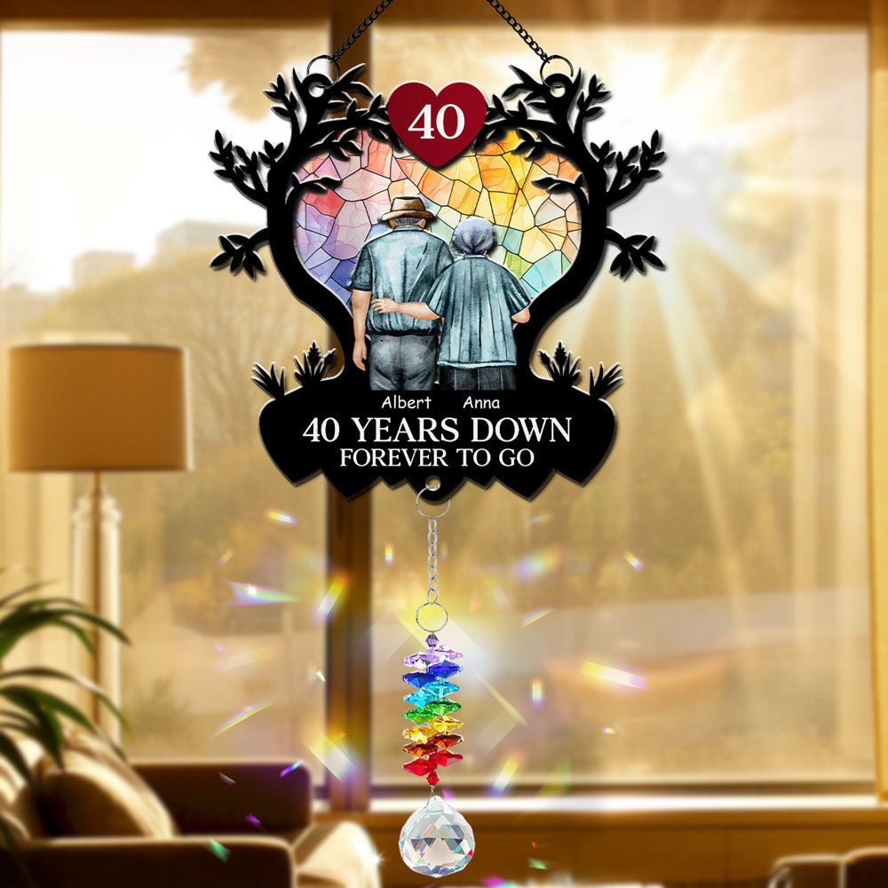 Custom Couple Hanging Decor, Anniversary Valentine's Day Gifts • Many Years Down Forever To Go - Personalized Suncatcher With Crystal Rainbow Charm