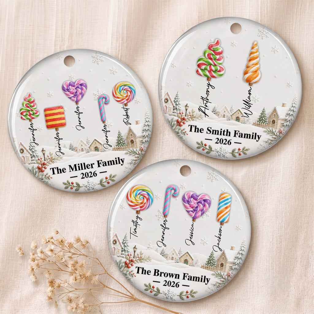 Custom Family Ornament, Christmas Gift for Family Members •  Candy Christmas Tree 2026 - Personalized 3D Inflated Effect Ceramic Ornament