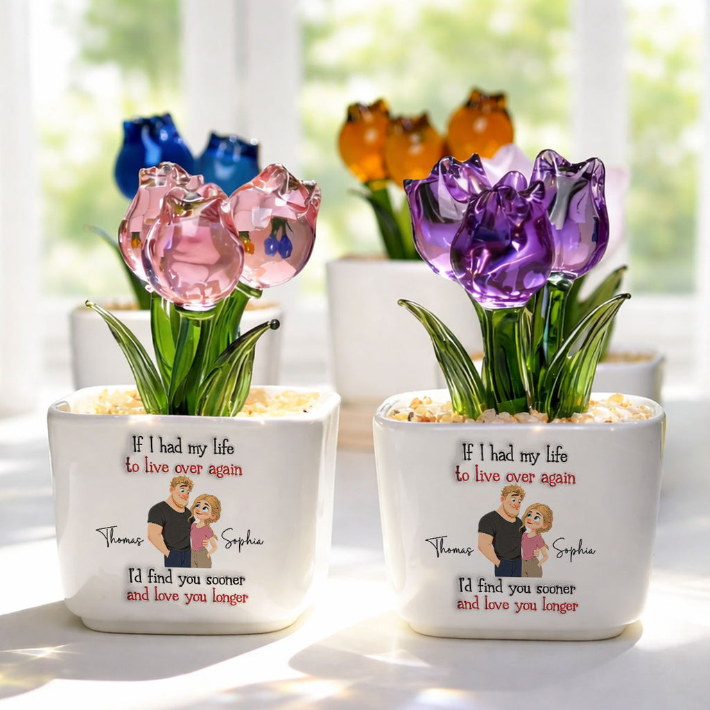 Custom Glass Flower Keepsake, Romantic Anniversary Gift for Wife • Love You So Much - Personalized 3D Inflated Effect Glass Everlasting Tulips