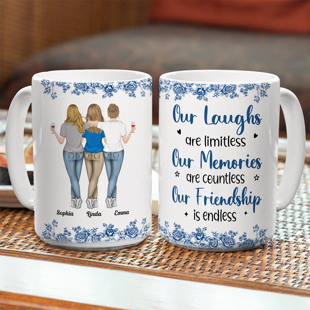 Custom Best Friend, Christmas & Birthday Friendship Keepsake Gift • Our Laughs Are Limitless Blue Toile - Personalized Coffee Mug