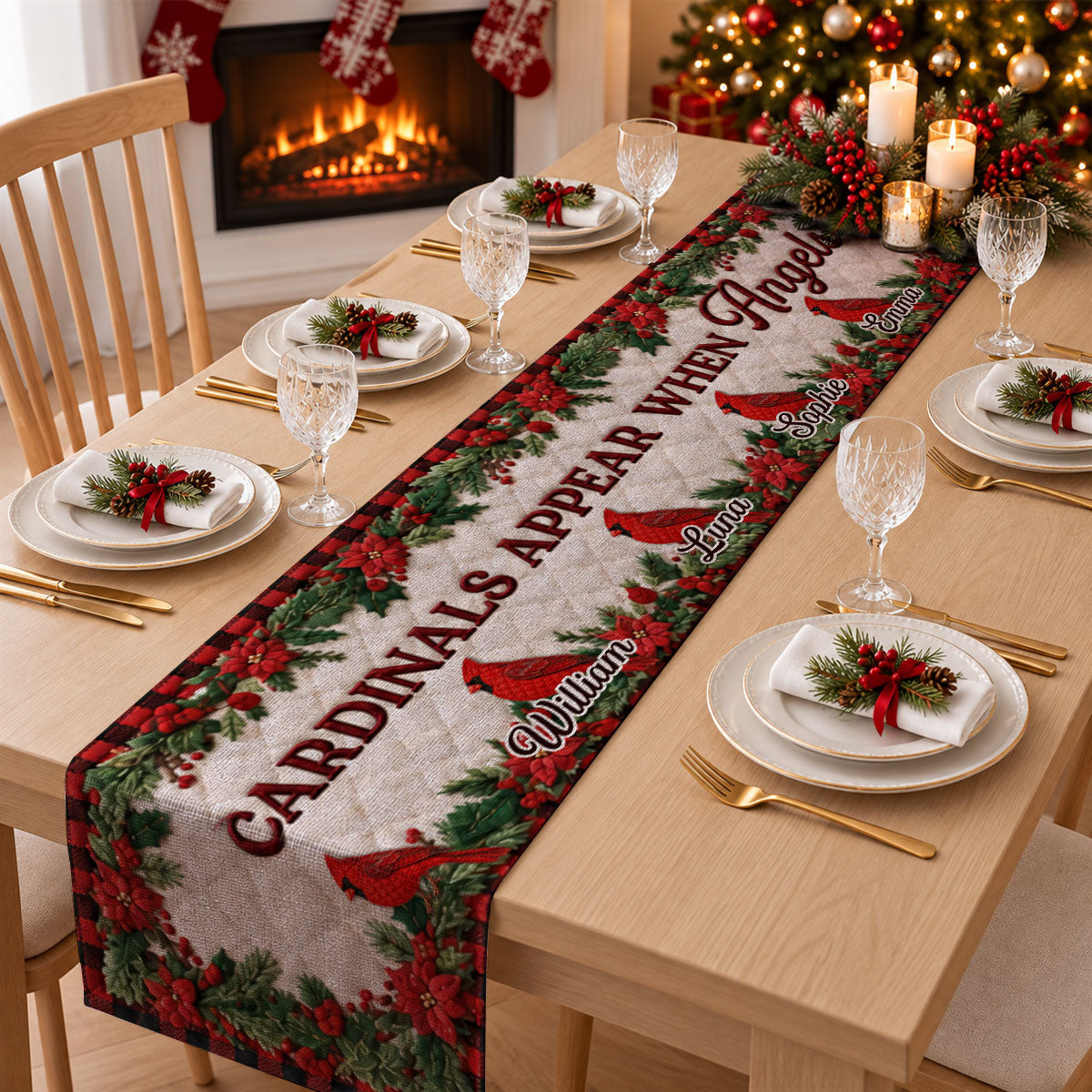 Custom Family Name Christmas Gifts, Holiday Decor Gift • Cardinals Appear When Angels Are Near - Personalized Table Runner