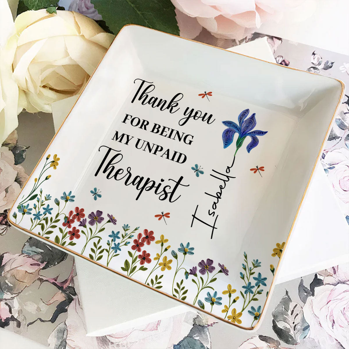 Custom Birth Flower Bestie Trinket Dish, Birthday Christmas Gift For Best Friend • Thank You For Being My Unpaid Therapist - Personalized Jewelry Dish