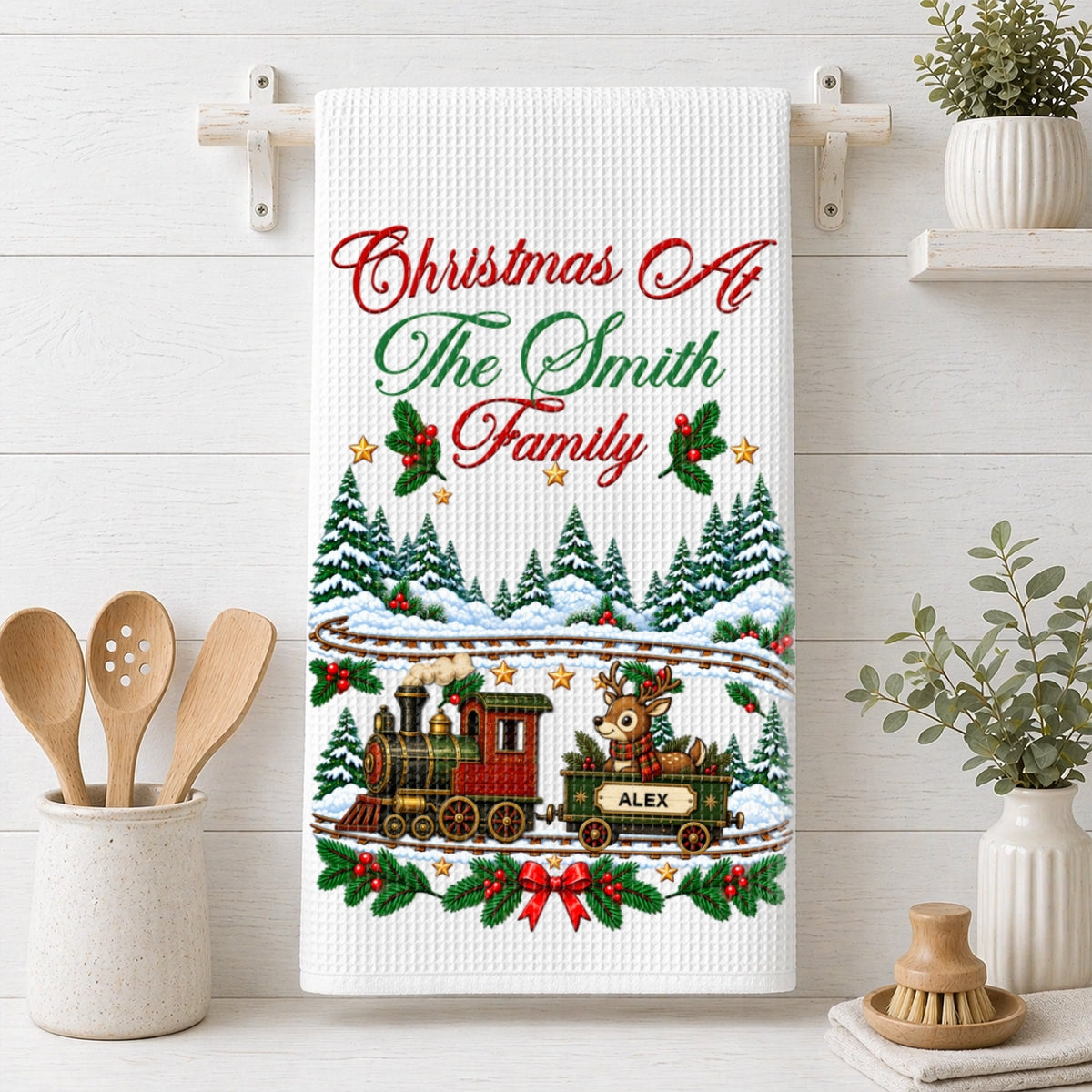 Custom Family Name Kitchen Towel, Christmas Housewarming Gift For Family • Christmas At Home - Personalized Kitchen Towel