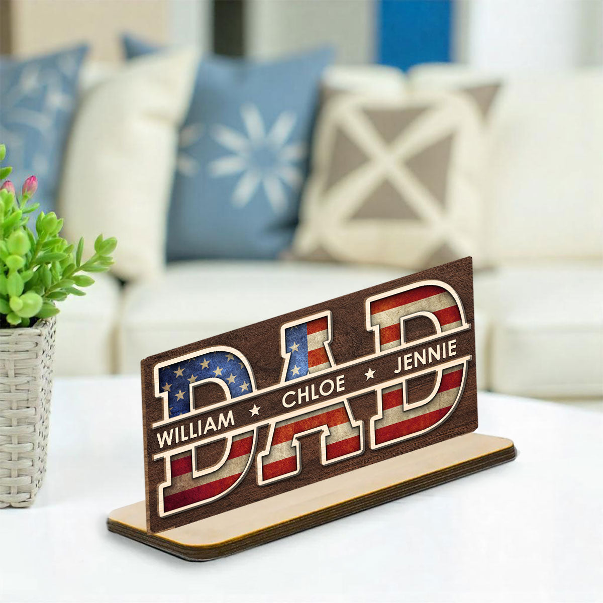 Custom Father's Day Decor, Gift for Dad & Grandpa • Dad America - Personalized 2-Layer Wood Plaque With Flat Base