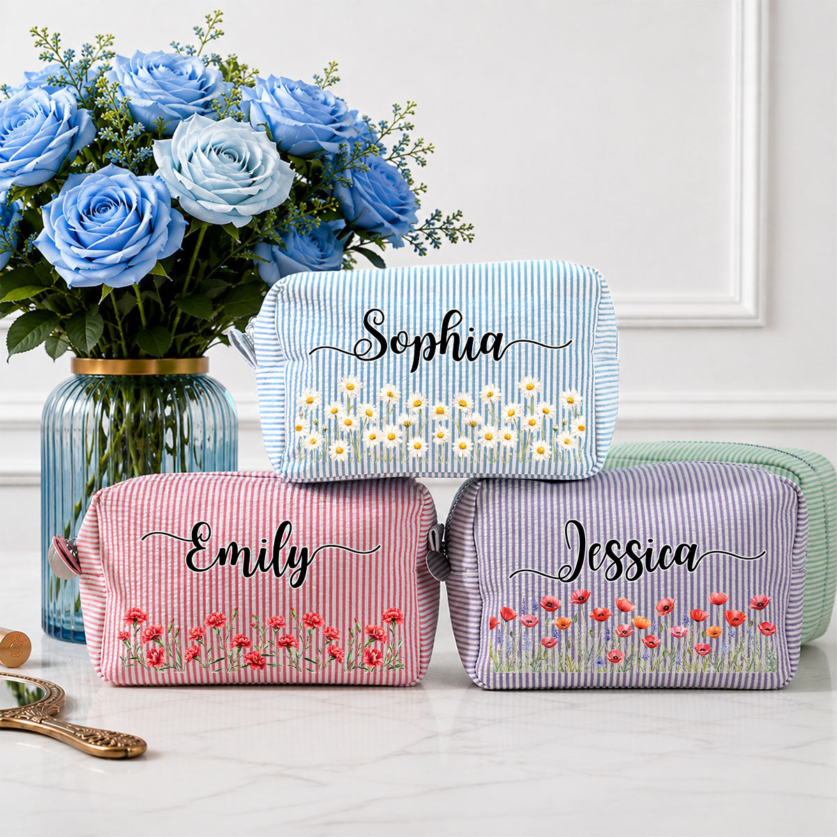 Custom Birth Flower & Name For Her, Daughter, Sister, Friends • Born To Bloom - Personalized Seersucker Print Makeup Bag