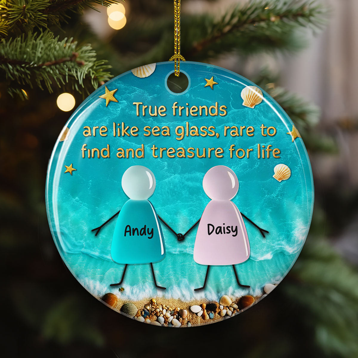 Custom Friendship Christmas Ornament, Best Friend Gift •  Sea Glass Friendship - Personalized 3D Inflated Effect Ceramic Ornament