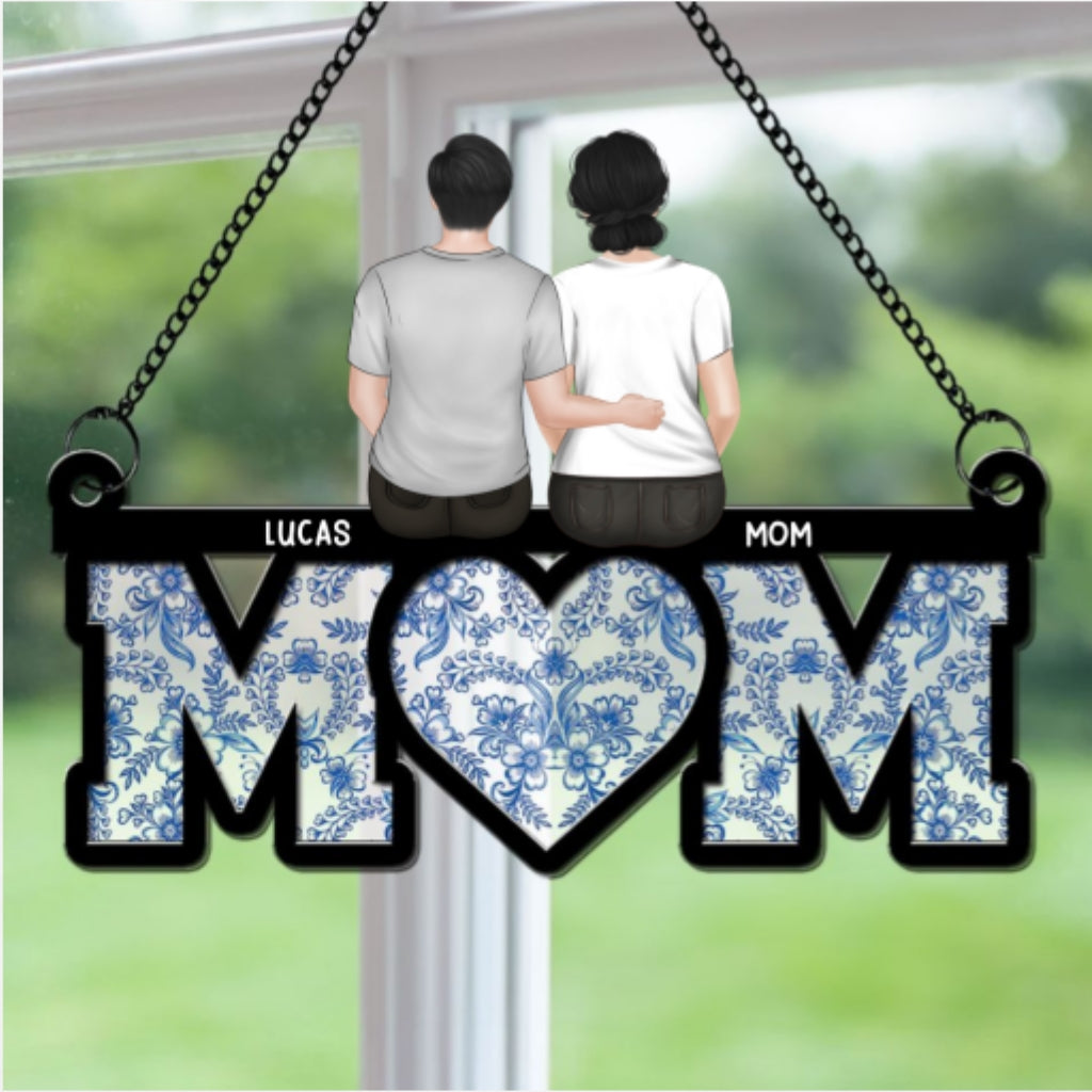 Custom Hanging Decor for Mom Daughter, Mother's Day Gifts • Mother And Daughter Sitting Together - Personalized Suncatcher