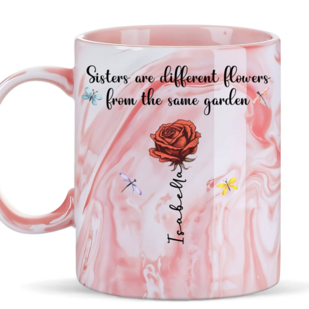Custom Best Friend, Christmas & Birthday Friendship Keepsake Gift • Sisters Forever - Personalized Pink Marble Mug
