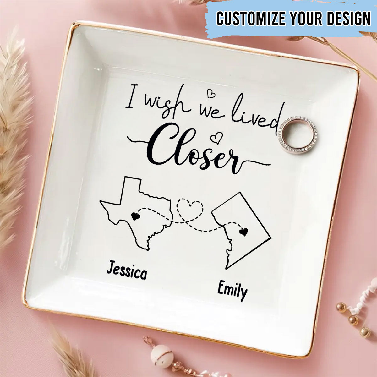 Custom Bestie Trinket Dish, Birthday Christmas Gift For Best Friend • I Wish We Lived Closer - Personalized Jewelry Dish
