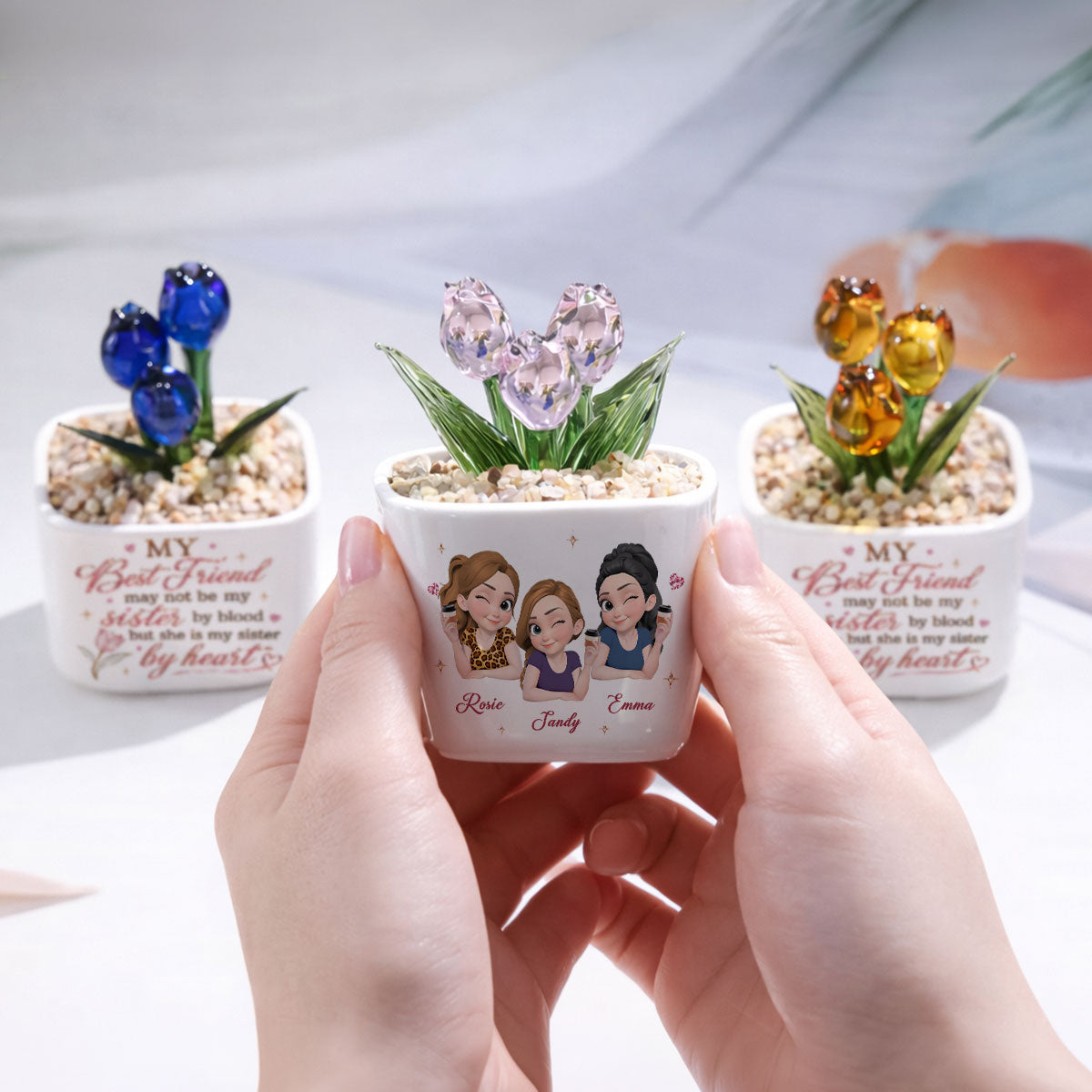 Custom Flower Keepsake, Glass Home Decor Gift for Best Friend • My Sister By Heart - Personalized Glass Everlasting Tulips