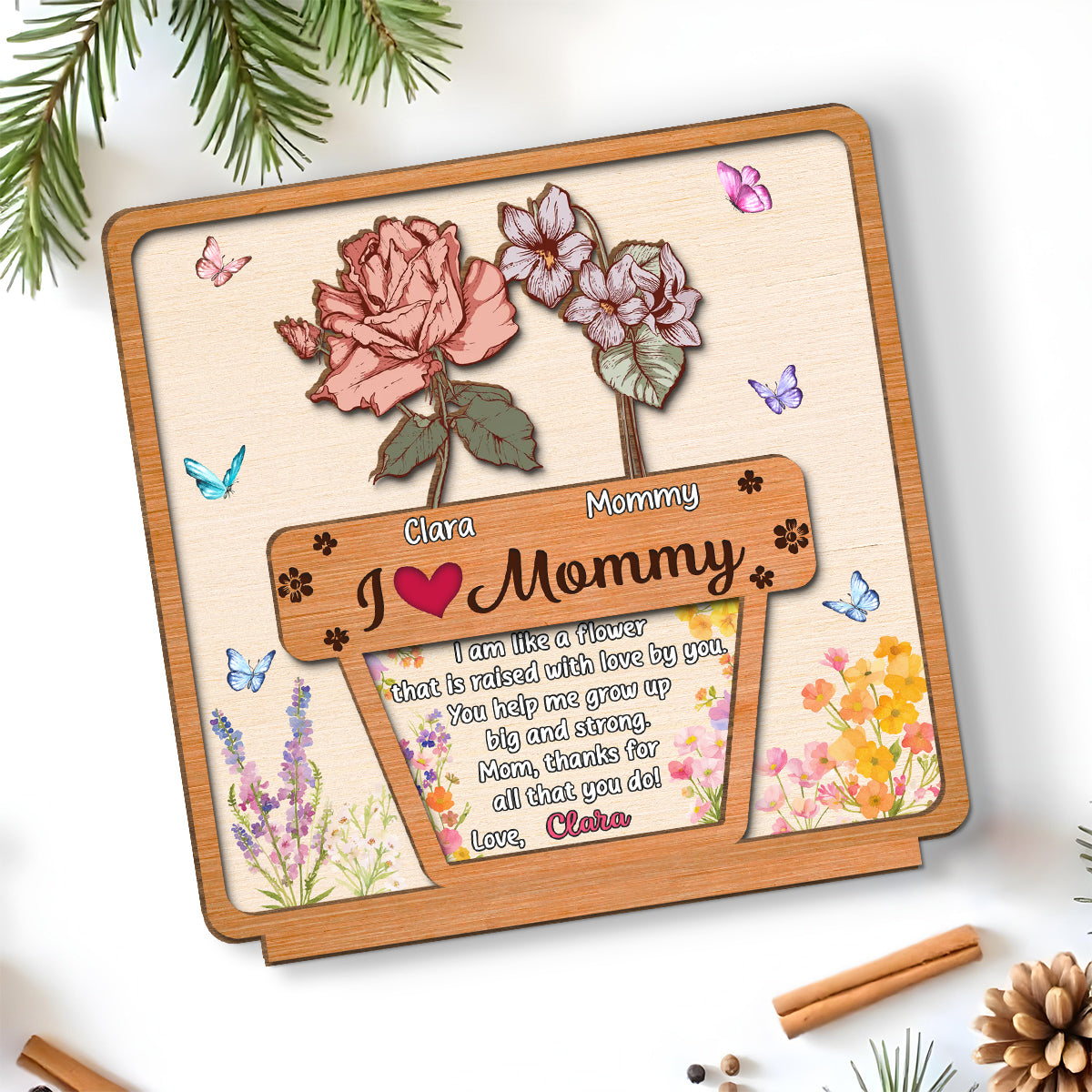 Custom Mother's Day Decor, Gift for Mom & Grandma • Growing Love Flower - Personalized 2-Layer Wood Plaque With Flat Base