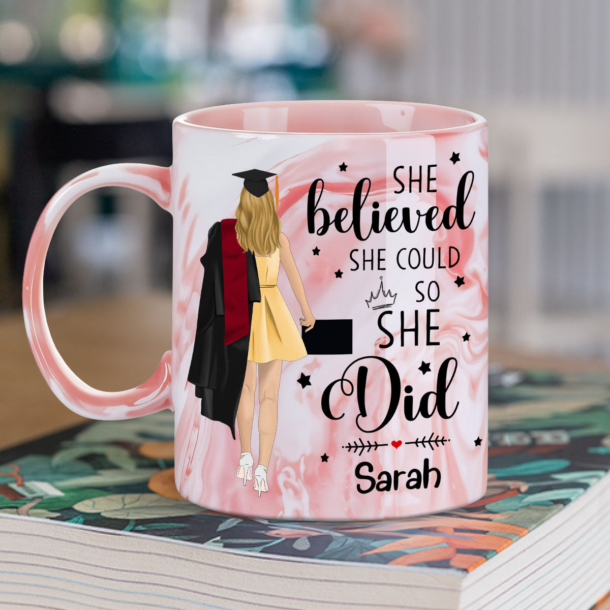 Custom Christmas & Birthday Keepsake Gift • She Believed She Achieved- Personalized Pink Marble Mug