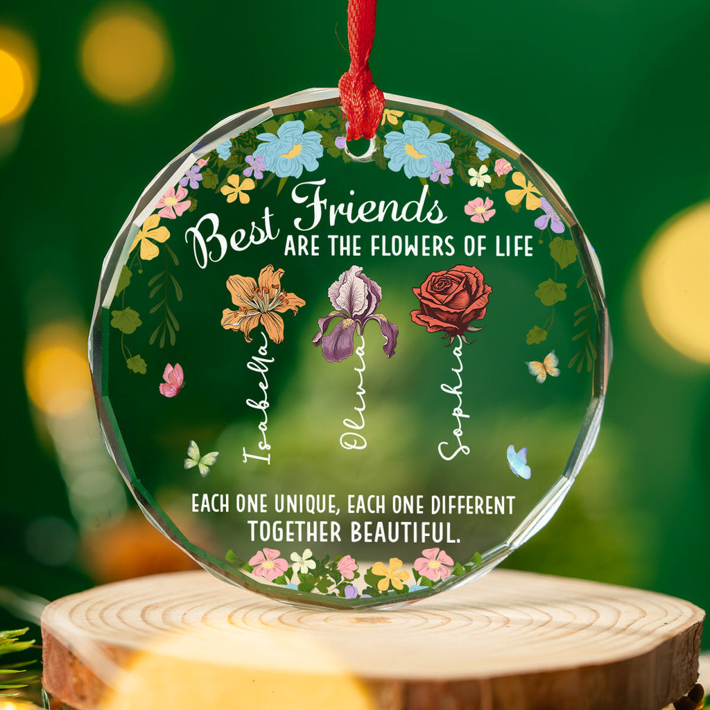 Custom Friendship Christmas Ornament, Best Friend Gift •  Friendship Blossoms In Every Heart - Personalized Glass Ornament