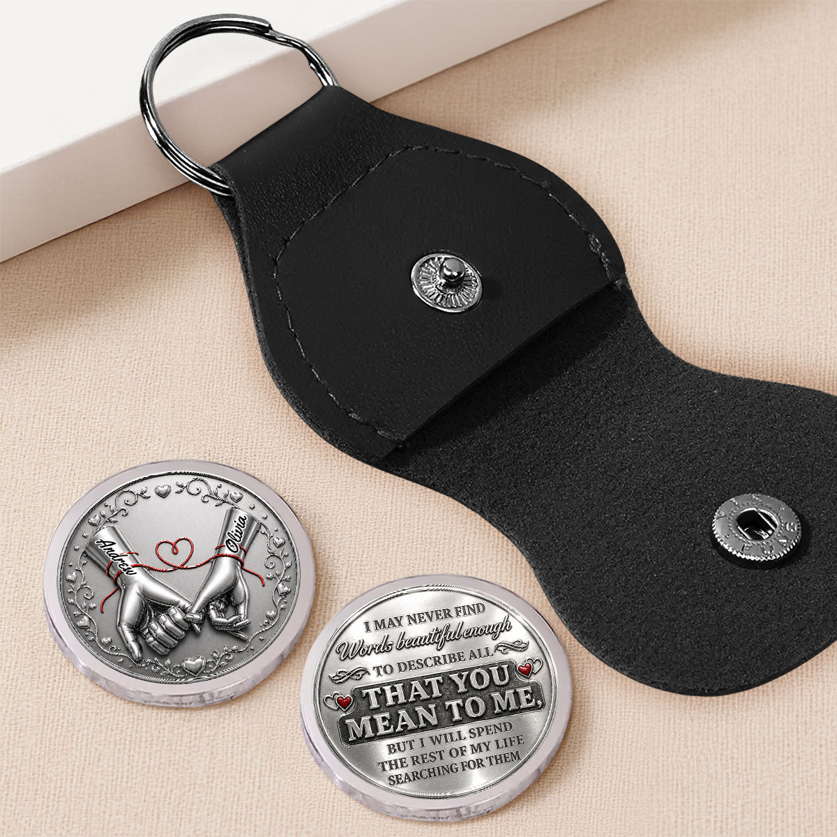 Custom Coin Keychain for Husband, Mother's Day, Anniversary Gifts • Never Find Words Beautiful Enough - Personalized Pocket Hug
